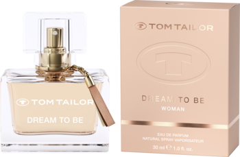 Tom Tailor Dream to Be woda perfumowana dla kobiet, butelka z płynem i złotym atomizerem, obok różowe pudełko.