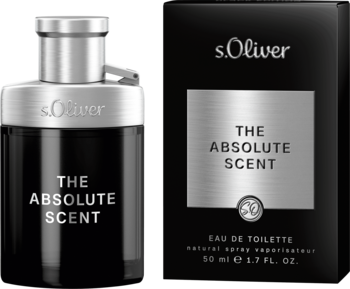 Perfumy s.Oliver The Absolute Scent: czarna butelka z srebrnym korkiem i etykietą, obok czarne pudełko.