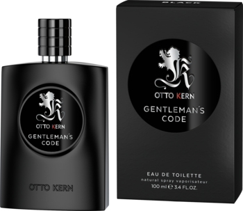 Męska woda toaletowa Otto Kern Gentleman’s Code w czarnej butelce z logiem i eleganckim pudełku, widok z przodu.