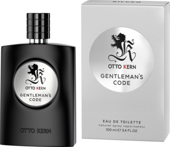 Czarna butelka wody toaletowej Otto Kern Gentleman's Code z logo, obok srebrnego pudełka, widok z przodu.
