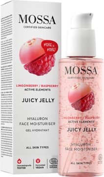Mossa Juicy Jelly Hyaluron Face Moisturiser, różowy żel z maliną i borówką w przezroczystej butelce z pompką.