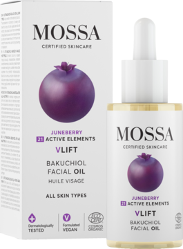 Mossa V Lift Bakuchiol Facial Oil, białe opakowanie z fioletową jeżyną i butelka z pipetą, widok z przodu.