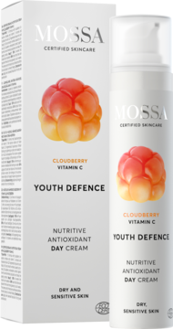 Mossa Youth Defence, krem na dzień z maliną moroszką i wit. C, do suchej skóry. Biała butelka i pudełko obok siebie.