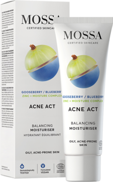 Mossa Acne Act Balancing Moisturiser, biała tubka i pudełko z grafiką agrestu i borówki, widok z przodu.