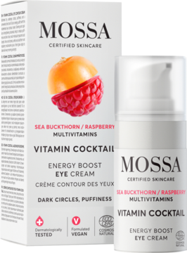 Mossa Vitamin Cocktail Energy Boost Eye Cream: biały kartonik i butelka z pompką, na cienie, widok z przodu.