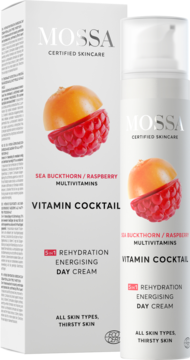 Mossa Vitamin Cocktail 5w1 energetyzujący krem na dzień z rokitnikiem i maliną. Biała butelka i pudełko.