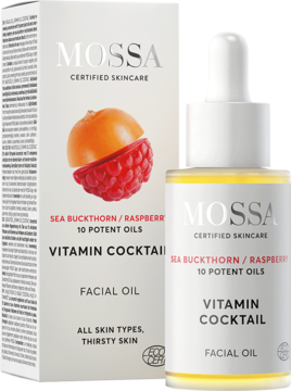 Mossa Vitamin Cocktail Facial Oil z maliną, rokitnikiem i 10 olejkami. Pudełko i butelka z pipetą.