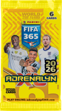Żółta saszetka kart Panini FIFA 365 Adrenalyn XL z piłkarzami i napisem '6 CARDS', przód.