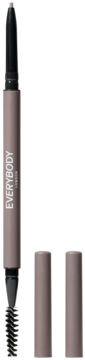 Kredka do brwi EVERYBODY LONDON Taupe, ze szczoteczką, widok pionowy z otwartymi końcówkami i dwoma nakrętkami.