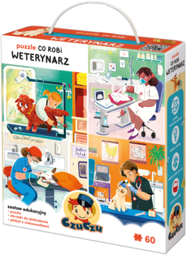 Zestaw CzuCzu: puzzle Co Robi Weterynarz, 60 elementów, z obrazkami i plakatem, kolorowe pudełko z uchwytem.