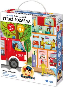 Puzzle CzuCzu „Straż Pożarna” 40 elementów, w pudełku z wozem i scenami z remizy, widok pod kątem.