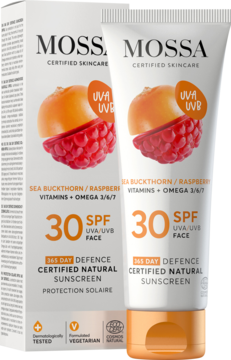Mossa Certified Skincare SPF 30 naturalny krem do twarzy UVA/UVB, biała tubka i pudełko z rokitnikiem/maliną, widok z przodu.