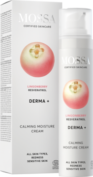Mossa Derma+ Calming Moisture Cream, biała butelka z pompką i pudełko z owocem lingonberry, ujęcie z przodu.