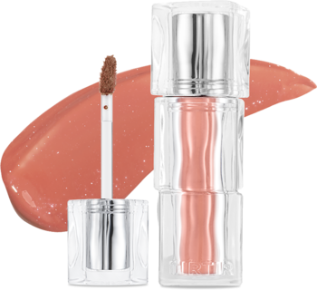 Mini tint TIRTIR Waterism Glow Salmon Syrup w transparentnej tubce, z aplikatorem i błyszczącą smugą produktu.