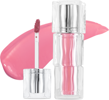 Mini tint do ust TIRTIR Waterism Glow, różowy odcień Likely, buteleczka z aplikatorem i smugą produktu.