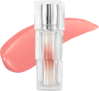 Mini tint do ust TIRTIR Waterism Glow Tint Peachricot w przezroczystej butelce na tle błyszczyka.