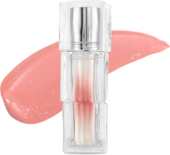 Mini tint TIRTIR Waterism Glow Nutty Pink, przezroczysta butelka z srebrną zakrętką, z tyłu błyszcząca smuga koloru.