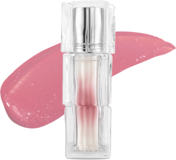 Mini tint TIRTIR Eveny, różowy błyszczyk do ust, butelka z gradientem, obok smuga błyszczącego produktu.