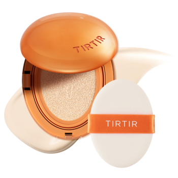 Matujący podkład TIRTIR Mask Fit AI Filter Cushion 13N, pomarańczowy kompakt otwarty, biały aplikator obok.