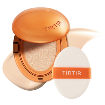 TIRTIR Mask Fit AI Filter Cushion, matujący podkład w pomarańczowym kompakcie, otwarty, obok puszku.