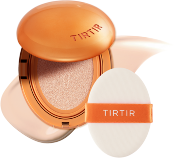 Pomarańczowy mini podkład TIRTIR Mask Fit AI Filter Cushion 17C Porcelain otwarty, obok biały puszek. Matowy efekt.