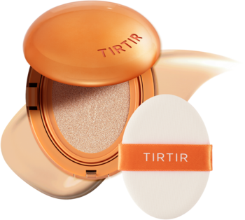 Otwarty, pomarańczowy podkład TIRTIR Mini Cushion z matowym wykończeniem i białym puszkiem na tle.