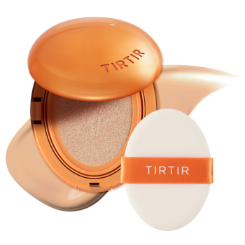 Mini podkład matujący TIRTIR Mask Fit AI Filter Cushion 23N Sand, pomarańczowy kompakt i biały puff.