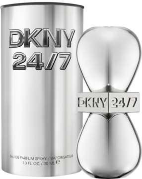 Damska woda perfumowana DKNY 24/7, srebrna butelka klepsydra i cylindryczne opakowanie z logo DKNY 24/7.