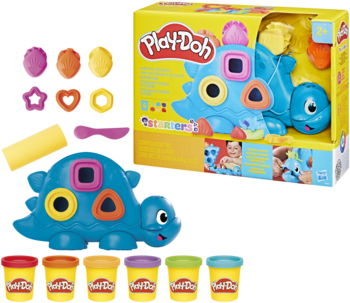Play-Doh Dinozaur Kształty i Kolory: niebieska figurka, foremki, 5 ciastolin, akcesoria i opakowanie.