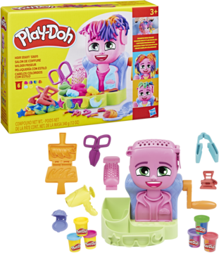 Zestaw fryzjerski Play-Doh: pudełko i różowa głowa do stylizacji z akcesoriami do włosów z ciastoliny.