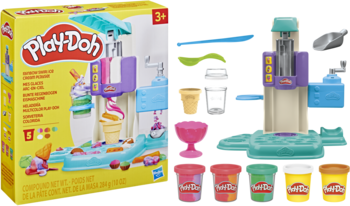 Play-Doh Zakręcona Lodziarnia: maszyna do lodów z ciastoliny, akcesoria i tuby kolorowej ciastoliny, z bliska.