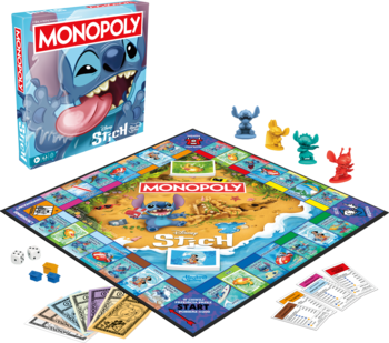 Monopoly Stitch, gra planszowa: pudełko, diamentowa plansza plażowa, kolorowe pionki Stitcha, pieniądze, akcesoria.