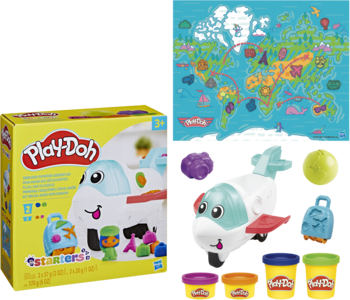 Play-Doh Starters Samolot Odkrywcy: żółte pudełko, biały samolot, 4 pojemniki ciastoliny, akcesoria i mapa świata.