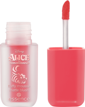 Fluffy mousse matte blush Essence Disney Alice Wonderland w białej butelce z różowym aplikatorem, przód.