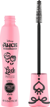 Różowy tusz Essence Lash Princess Alice in Wonderland z otwartą szczoteczką, czarny pędzelek i detale.
