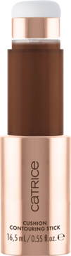 Catrice Espresso Yourself Cushion Contouring Stick, ciemnobrązowy z aplikatorem cushion, pionowo na białym tle.