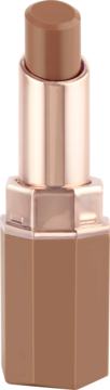 Catrice Espresso Yourself Macchiato Glow, błyszcząca pomadka nude w wysuniętym sztyfcie o sześciokątnej, różowo-złotej obudowie.