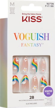 KISS Voguish Fantasy, migdałowe sztuczne paznokcie z tęczowymi falami i białymi kwiatami, widok z opakowania.