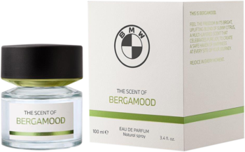 BMW THE SCENT OF BERGAMOOD woda perfumowana w przejrzystej butelce i białym pudełku z logo. Cytrusowy.