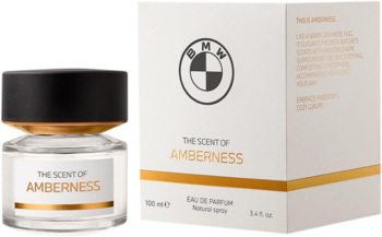 BMW The Scent of Amberness Eau de Parfum 100ml, butelka i białe pudełko z logo, widok z przodu.
