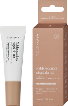 Nabłyszczający olejek do ust YOUR + KAYA Sparkling Coconut Glow, biała tubka z brązowym dnem obok beżowego pudełka.