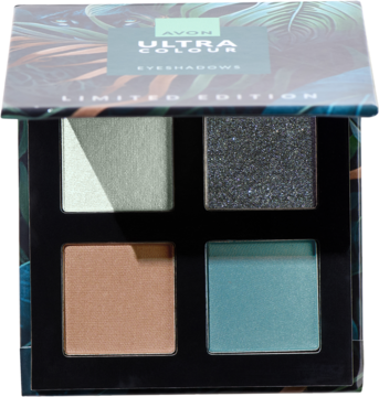 Avon Ultra Colour paleta cieni Limited Edition: zielony, brokatowy granat, brąz, turkus. Otwarta, widok z góry.