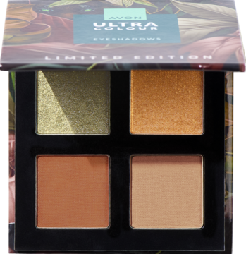 Avon Ultra Colour Limited Edition, otwarta paleta 4 cieni: szmaragdowy, złoty, terakota i beż, widok z góry.