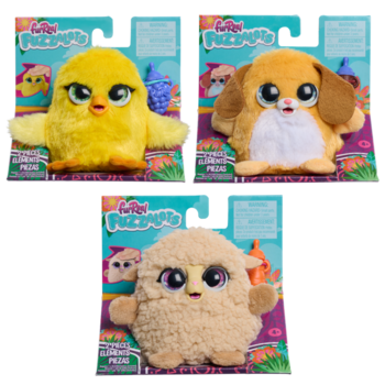 Trzy pluszaki FurReal Fuzzalots w pudełkach: żółty kurczak, beżowa owca i brązowy szczeniak. Widok z przodu.