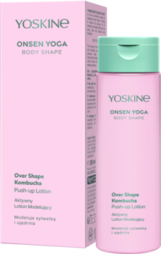 Yoskine Onsen Yoga Push-up Lotion w różowej butelce i pudełku. Aktywny lotion modelujący i ujędrniający.