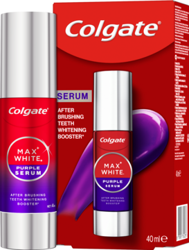 Colgate Max White Purple Serum, wybielające serum do zębów, w czerwono-białym pudełku i butelce, widok z przodu.