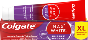 Colgate Max White Purple Reveal XL pasta w fioletowo-czerwonej tubce i pudełku, z przodu napis 'Instantly Corrects Yellow Tones'.