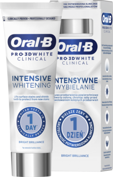 Biała pasta do zębów Oral-B Pro-3D White Clinical Intensive Whitening w tubce obok kartonika, widok z przodu.
