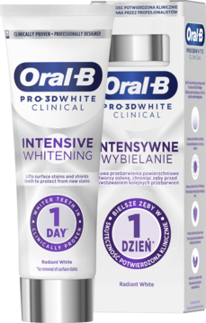 Oral-B Pro-3D White Clinical Intensive Whitening, biała tubka pasty i pudełko, napis "1 DZIEŃ", widok z przodu.