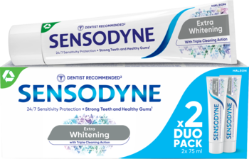 Opakowanie Sensodyne Extra Whitening duo pack, dwie tubki pasty do zębów wybielającej dla wrażliwych zębów.